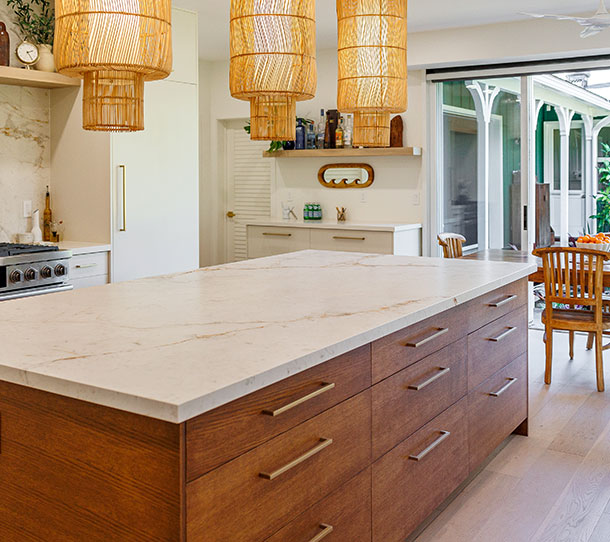image of beautiful luxury kitchen with neolith countertops and UA Floors flooring